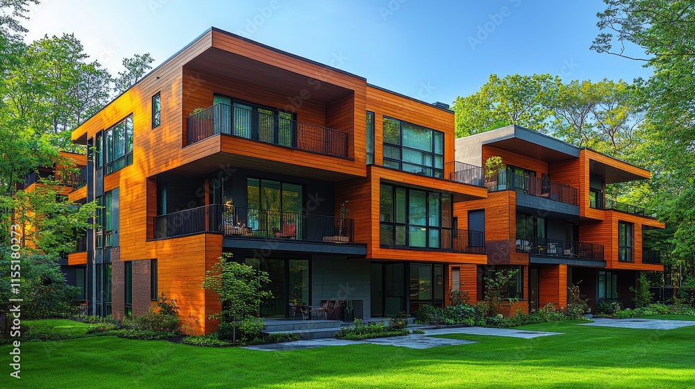 Modern wooden apartments surrounded by greenery and landscaped gardens. Modern wooden apartments surrounded by greenery and landscaped gardens.