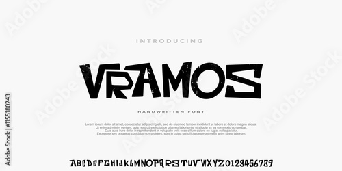 Vramos Handwritten Font,Original Alphabet,Uppercase Typeface ,design for streetwear,fashion,brand,clothing, urban,movie.Vector illustration