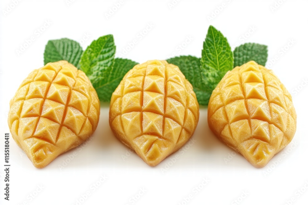 Three Carved Mangoes with Mint Leaves Three Carved Mangoes with Mint Leaves
