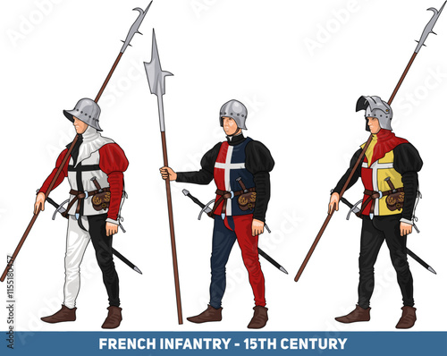 Set of Three European Late Medieval Infantrymen with Various Weapons, Illustration Isolated on Transparent, EPS 10 Vector