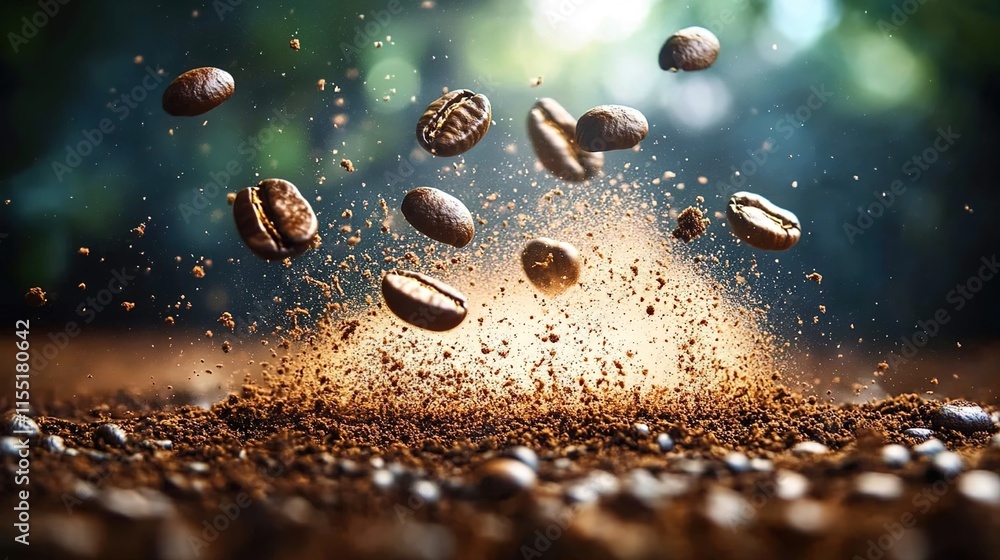  Coffee beans falling on the ground with a dust explosion, commercial photo background.