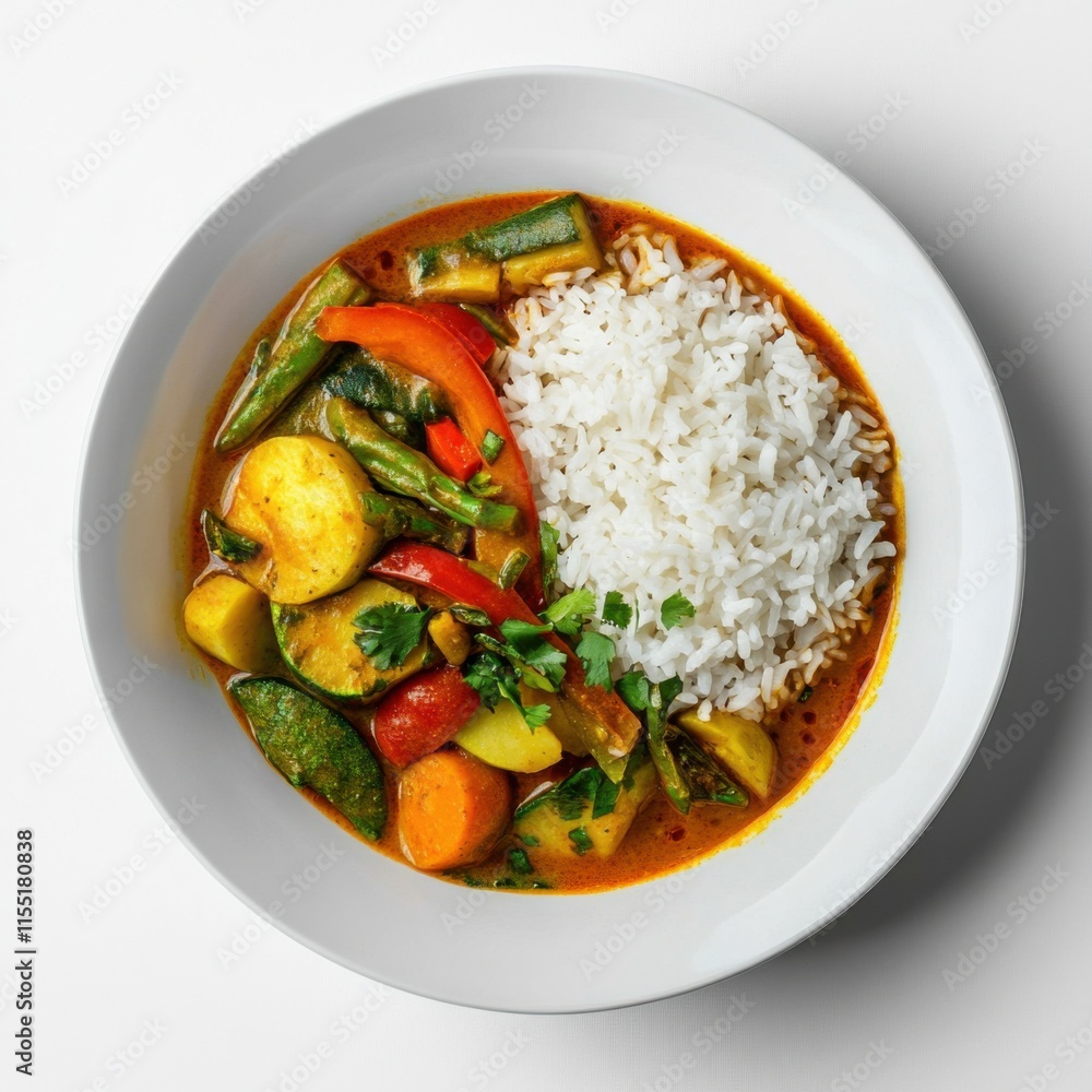 Vegetable curry with rice in a bowl. Featuring vibrant colors and aromatic spices