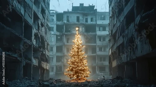Brightly lit Christmas tree is prominently placed amidst a desolate, crumbling urban environment, surrounded by rubble and ruins, creating a striking contrast at dusk.