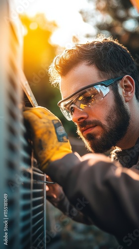 Technician repairing air conditioner using screwdriver, wearing safety glasses