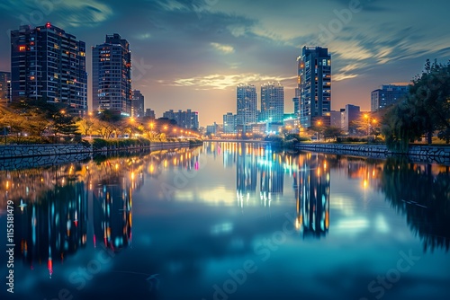 Wallpaper Mural Night Cityscape Skyscrapers, River Reflections, Urban Lights, Twilight Glow Torontodigital.ca