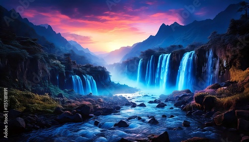 A Surreal Landscape with Glowing Electric Blue Waterfalls Cascading into a Misty Valley