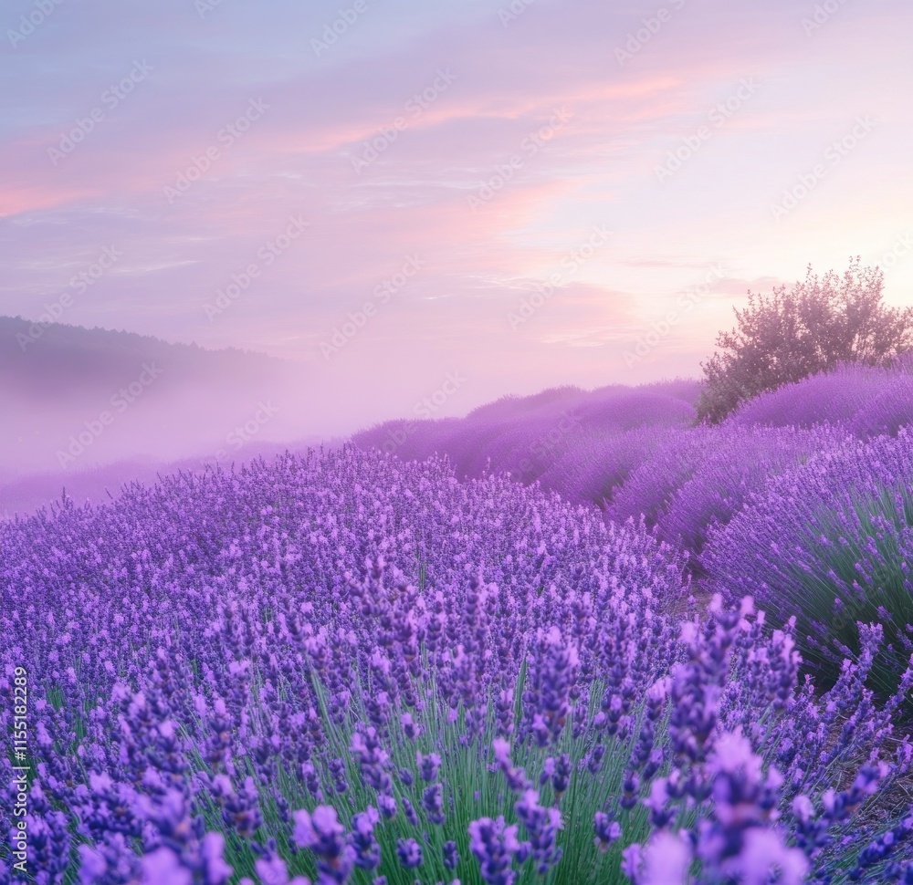 Fototapeta premium Misty lavender field at sunrise.