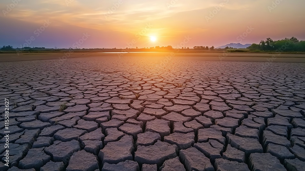 Sunset over a parched cracked land, symbolizing drought and the impact of climate change. Sunset over a parched cracked land, symbolizing drought and the impact of climate change.