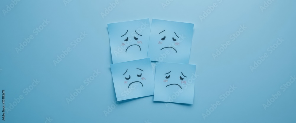 Four blue sticky notes with sad faces on a light blue background. Blue monday concept Four blue sticky notes with sad faces on a light blue background. Blue monday concept