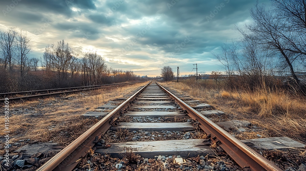 Obraz premium Railway Tracks Leading to Horizon Under Dramatic Sky