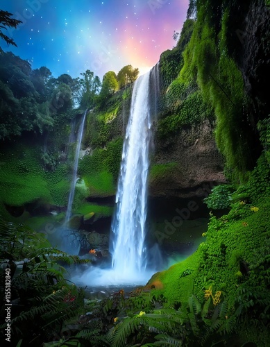 A Towering Waterfall with Rainbow-Colored Mist Rising from Its Base, Surrounded by Lush Greenery