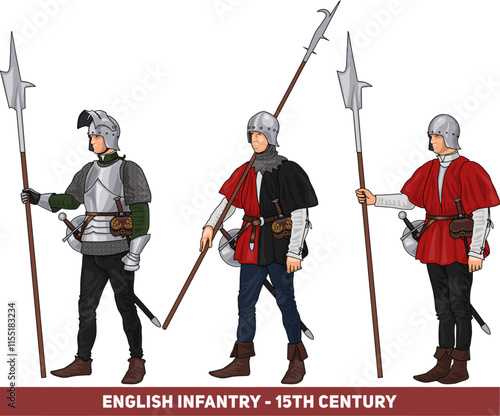 Set of Three European Late Medieval Infantrymen with Various Weapons, Illustration Isolated on Transparent, EPS 10 Vector