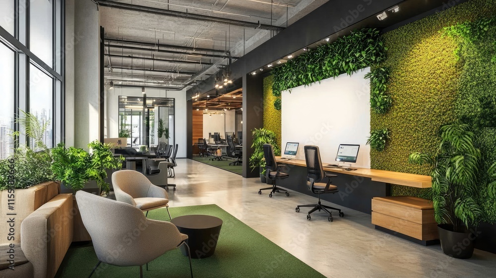 Fototapeta premium Modern coworking office with furniture and blank wall for mockups