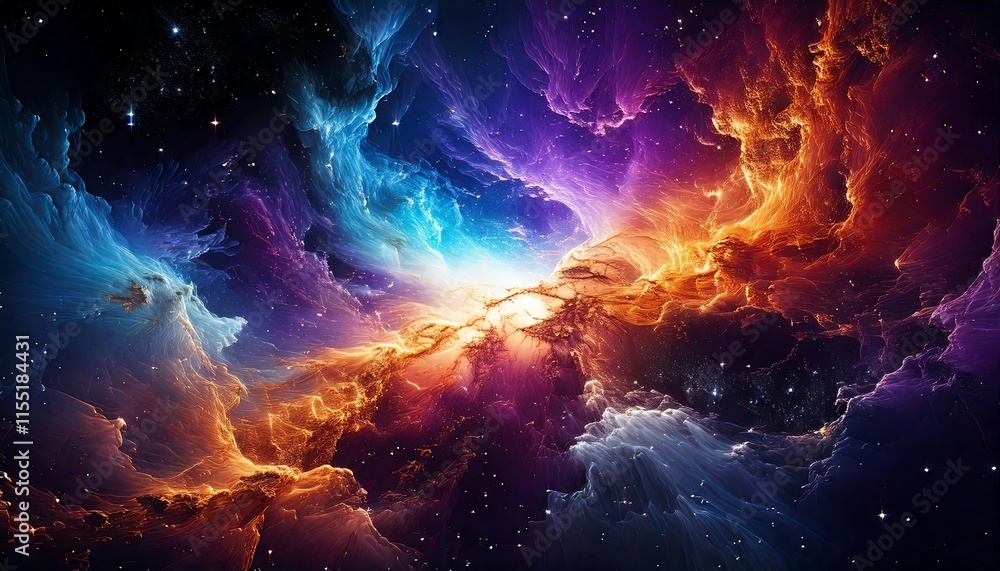 A Vibrant Nebula Bursting with Violet, Gold, and Teal Colors, with Swirling Gas Clouds A Vibrant Nebula Bursting with Violet, Gold, and Teal Colors, with Swirling Gas Clouds
