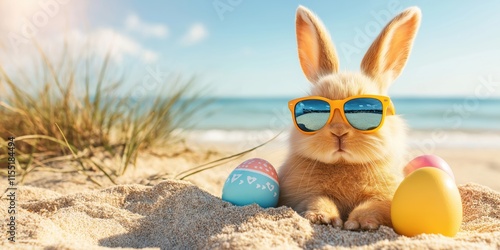A playful bunny in sunglasses enjoying a sunny beach day surrounded by colorful Easter eggs