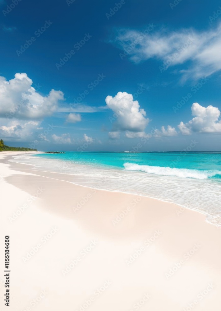Fototapeta premium Tropical paradise, pristine white sand beach, crystal clear turquoise water, azure sky, fluffy white clouds, serene oceanscape, vibrant Caribbean colors, sun-drenched shoreline, tranquil seascape, idy