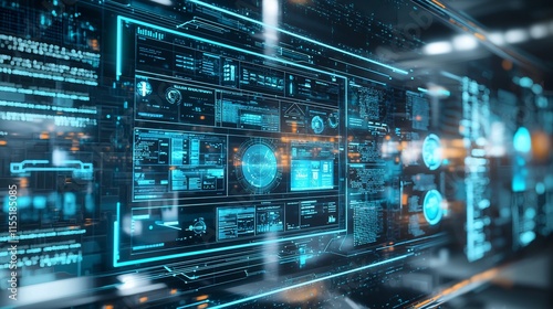 Wallpaper Mural Futuristic digital interface with glowing blue data displays and dashboards. Torontodigital.ca