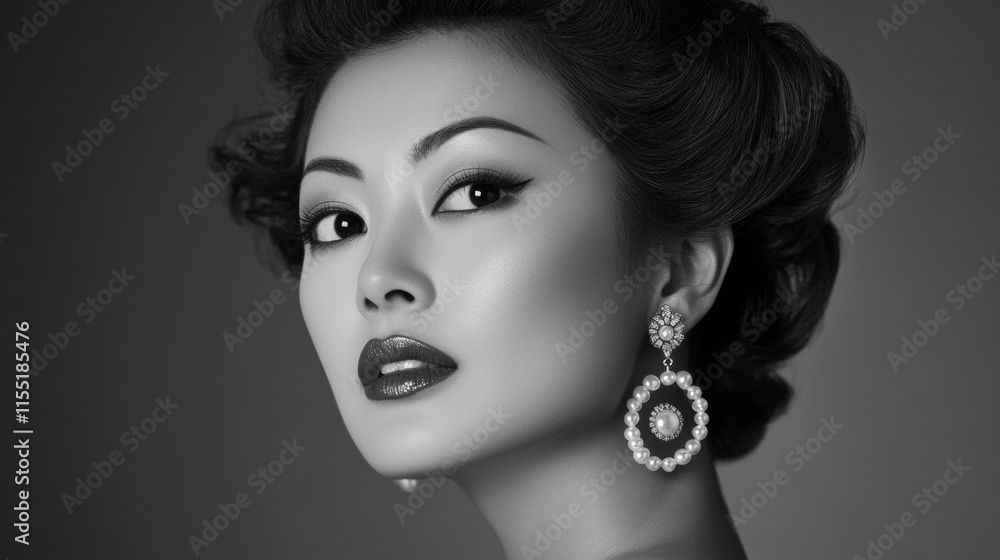 Fototapeta premium Elegant asian woman wearing pearl earrings posing in black and white