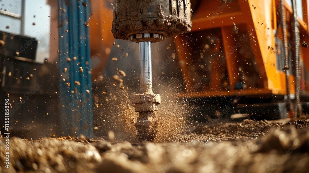 Drilling Equipment in Action with Dirt and Debris Flying Drilling Equipment in Action with Dirt and Debris Flying