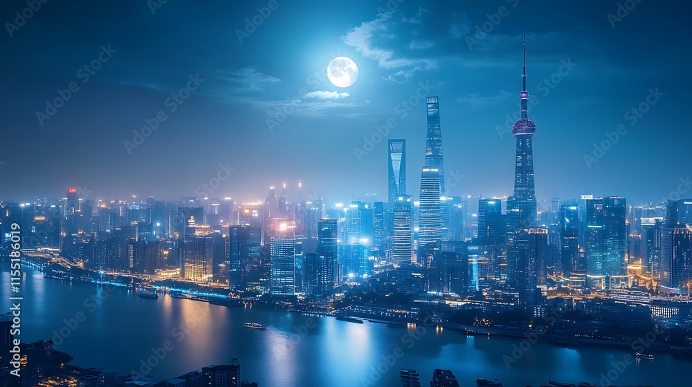 Fototapeta premium Shanghai Skyline Night Full Moon