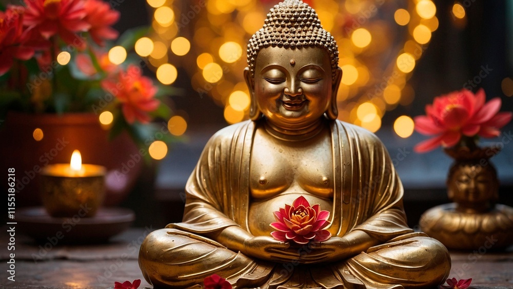 Fototapeta premium A close up of a golden statue of a smiling meditating Buddha Siddhartha Gautama statue sitting in lotus pose surrounded by pink flowers. Spiritual enlightenment buddhist zen religion illustration.