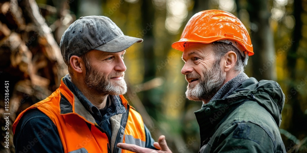 A forester discussing forest management strategies with a colleague in the middle of a woodland area A forester discussing forest management strategies with a colleague in the middle of a woodland area