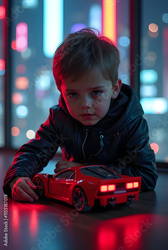 A boy playing with his toy cars.