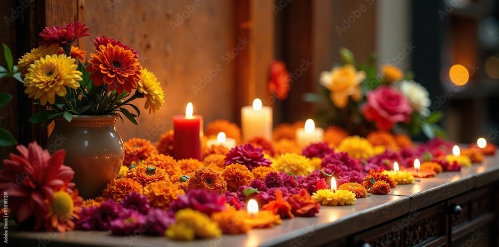 Altar setup with marigolds and path of remembrance candles, flowers, decoration, altars Altar setup with marigolds and path of remembrance candles, flowers, decoration, altars