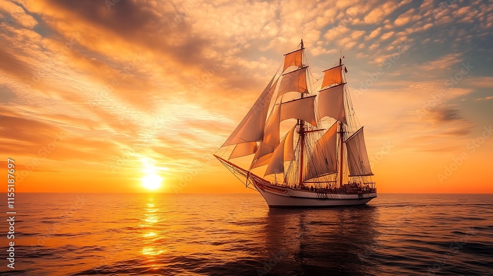 Fototapeta premium Vintage sailing ship at sunset. Concept of adventure, exploration, and maritime history.
