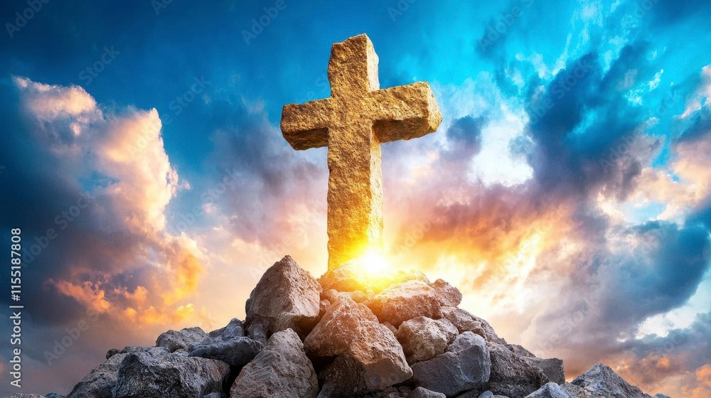 A photostock of a warm glowing cross standing tall against a dark and stormy sky, radiating faith and spiritual resilience. High Quality A photostock of a warm glowing cross standing tall against a dark and stormy sky, radiating faith and spiritual resilience. High Quality