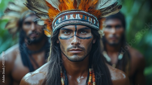 Fototapeta Naklejka Na Ścianę i Meble -  Indigenous warrior wearing traditional headdress and body paint posing in the jungle