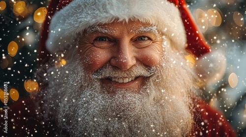 Santa claus smiling under snowfall with christmas lights in background