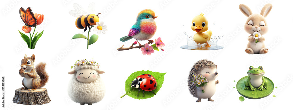 Obraz premium A 3D icon of a different types of animals in spring, bird, ladybug, bunny, squirrel, bee, duck, frog, sheep, butterfly, and hedgehog on a transparent background.