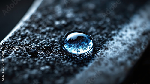 Close-up of a water droplet on a Viking sword blade with intricate details photo