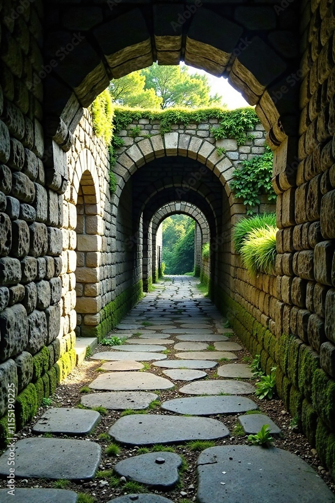 Obraz premium Ancient stone paving with moss-covered walls and arches, gritty, stonework