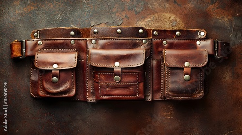 Vintage Brown Leather Tool Belt With Multiple Pockets