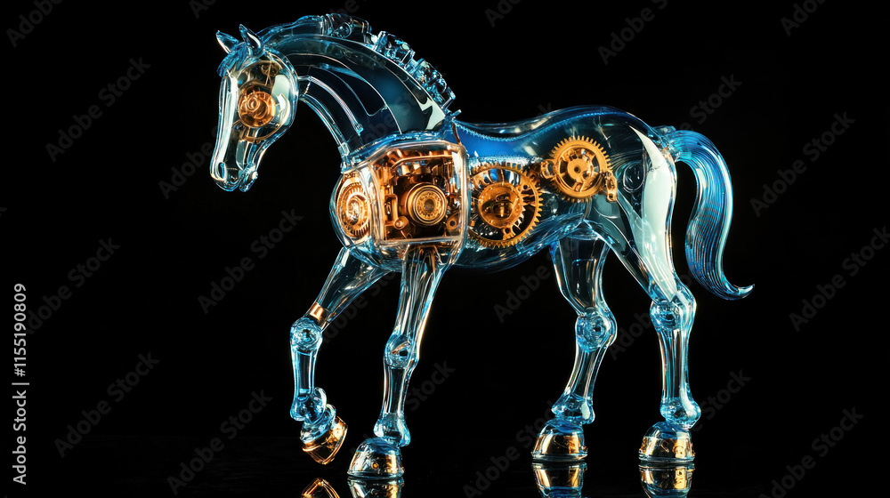 Transparent mechanical horse figurine with visible gears. Transparent mechanical horse figurine with visible gears.