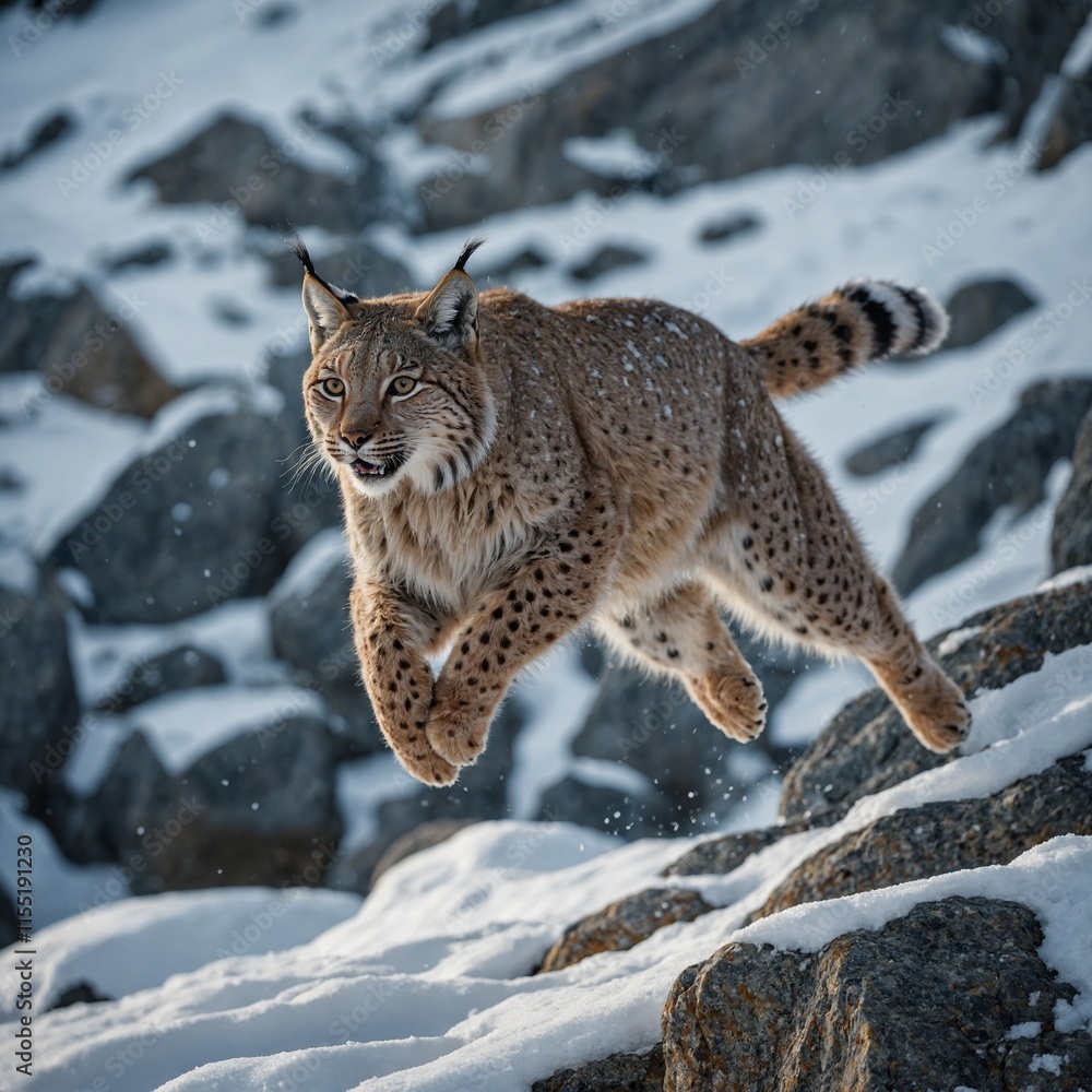 Fototapeta premium A snow-covered lynx leaping between rocks in the mountains.