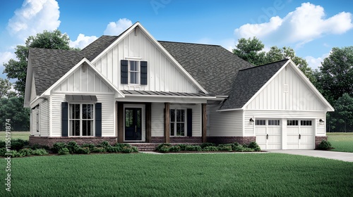 Stunning Farmhouse Exterior Design: White Walls, Gray Roof, and Two-Car Garage