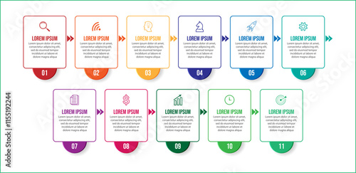 colorful minimalist infographic business design with lines and icons. 11 interconnected sections