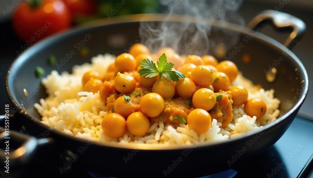 Aromatic basmati rice and chickpea curry simmering together on the stovetop, boil, chickpea, cook Aromatic basmati rice and chickpea curry simmering together on the stovetop, boil, chickpea, cook