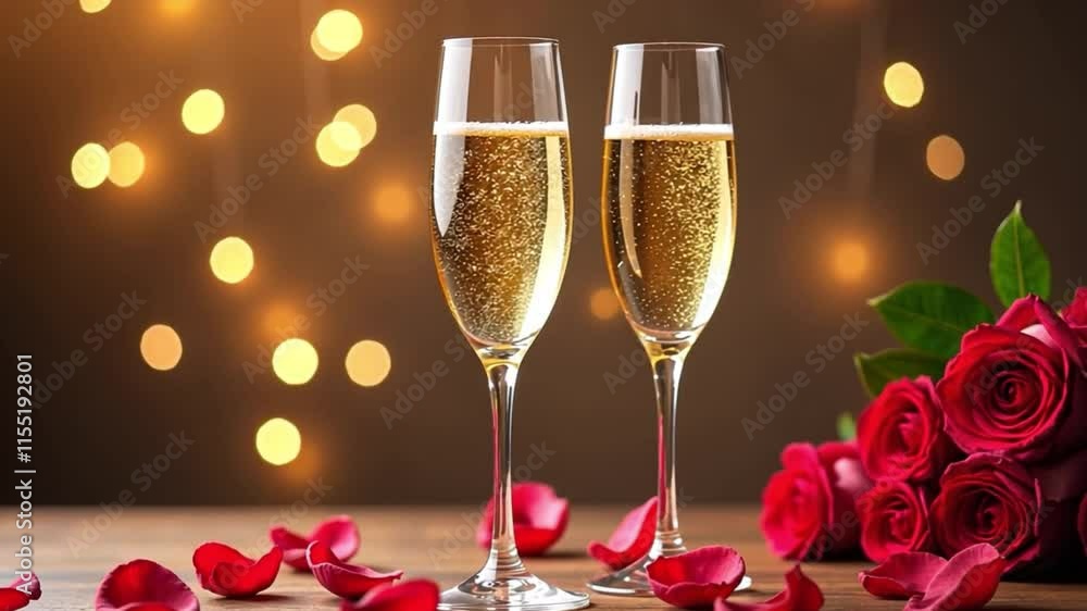two glasses with champagne, behind them is a blurred background with warm lights of a garland, rose petals are scattered nearby, love two glasses with champagne, behind them is a blurred background with warm lights of a garland, rose petals are scattered nearby, love