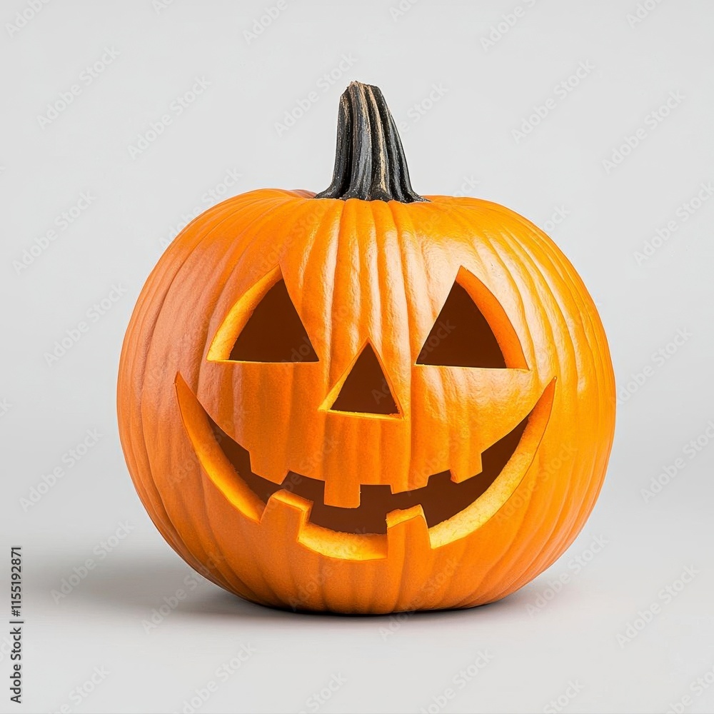 A photostock of a carved pumpkin glowing with a spooky smile, set against a clean background for Halloween celebrations. High Quality A photostock of a carved pumpkin glowing with a spooky smile, set against a clean background for Halloween celebrations. High Quality