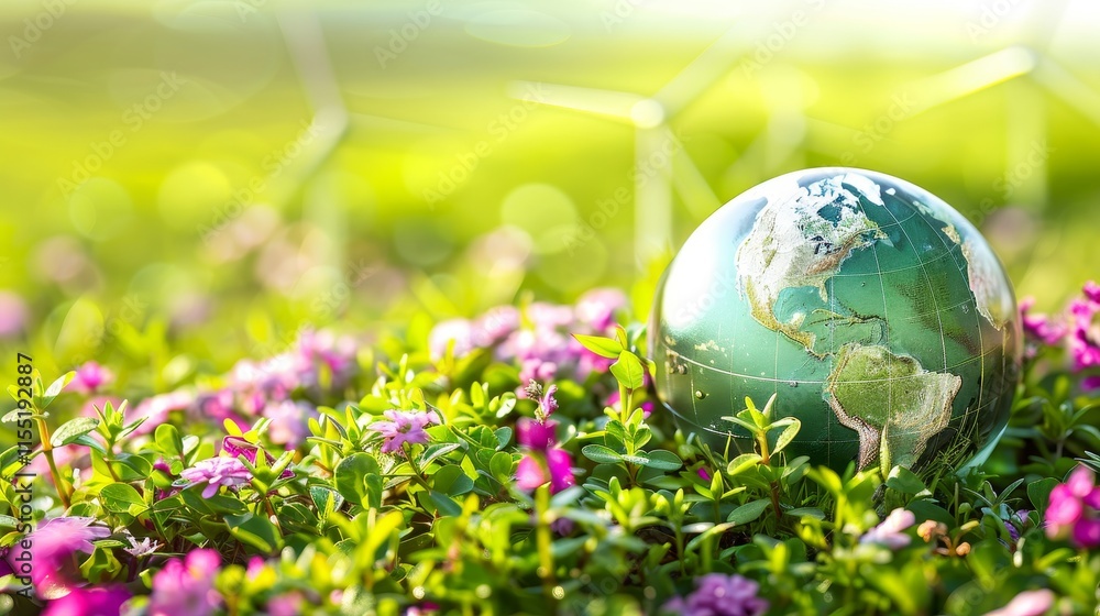 Celebrating earth day a glass globe symbolizing a sustainable future with windmills and nature Celebrating earth day a glass globe symbolizing a sustainable future with windmills and nature