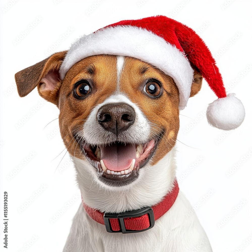 A photostock of a cheerful dog in a Santa hat, smiling brightly and isolated on a white background, perfect for playful holiday themes. High Quality A photostock of a cheerful dog in a Santa hat, smiling brightly and isolated on a white background, perfect for playful holiday themes. High Quality