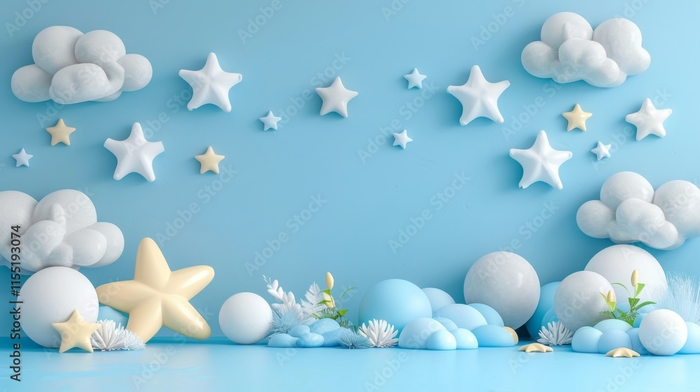 Obraz premium First birthday celebration with a festive christmas theme featuring balloons, stars, and clouds