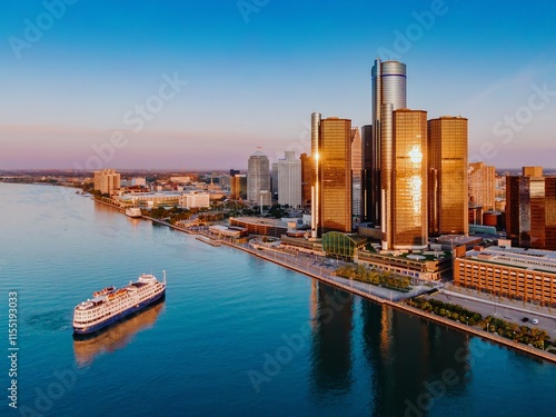 Detroit skyline at sunrise, cruise ship on the river. Iconic GM headquarters reflected in the water. DOWNTOWN, DETROIT, MICHIGAN, UNITED STATES