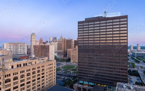 Wallpaper Mural Headquarters in Detroit skyline at twilight. Modern architecture contrasted with older buildings. Urban landscape. DOWNTOWN, DETROIT, MICHIGAN, UNITED STATES Torontodigital.ca