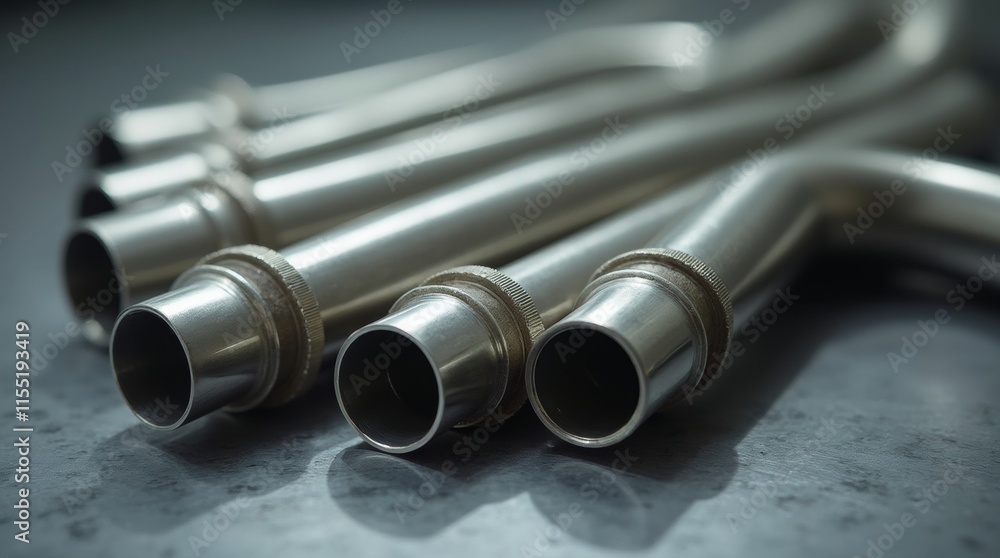 Fototapeta premium A group of stainless steel pipes sitting on top of a table