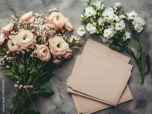 Mock-up postcards next to a beautiful bouquet of flowers, top view photo